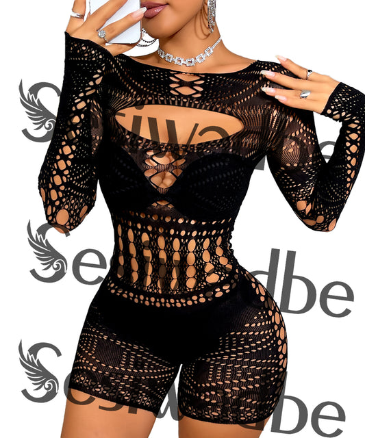 Sesiwadbe Woman Lingerie Bodysuit Fishnet Bodystocking Sexy Tights Bodycon Jumpsuit